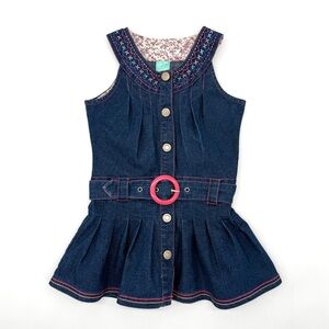 VGUC Pumpkin Patch Little Girls Embroidered Sleeveless Belted Navy Denim Dress 3